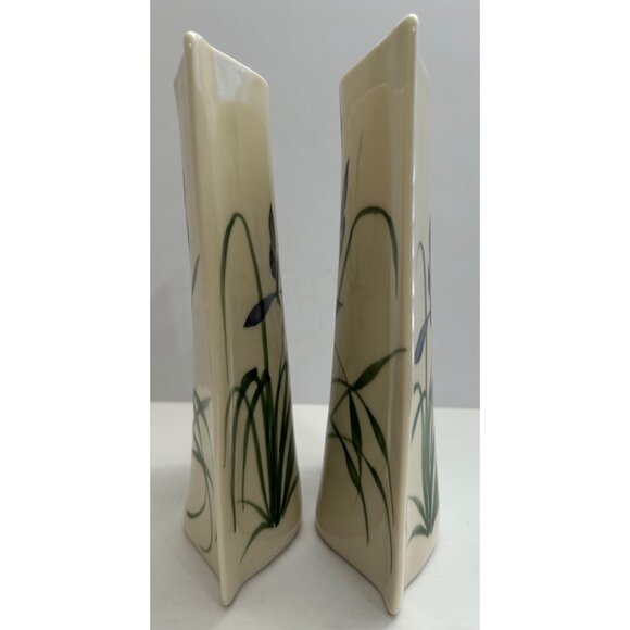 Hand-Painted Pottery Vases Floral Iris Botanical Signed Unique Shape Blue Green - Picture 5 of 6